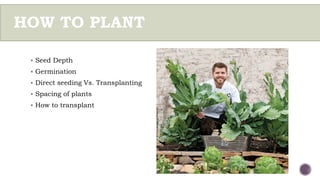 HOW TO PLANT
 Seed Depth
 Germination
 Direct seeding Vs. Transplanting
 Spacing of plants
 How to transplant
 