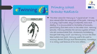 Primary school
Branko Radicevic
 The other name for Mercury is “Liquid silver”. It was
also named after the messenger of the gods -Mercury. It
is a grey, liqid metal, easy to evaporate, toxic and
deadly. It is accumulated in the bodies of animals,
particularly fish that swim in the water wich Mercury
pollutes. Mercury attacks the nervous system of those
who eat contaminated fish. Alchemists mistakenly
thought that they could use Mercury to turn the other
base metals into gold. Mercury used to be used in
mining, dental fillings and thermometres. Nowadays,
it is rarely used because of its toxic effects.
 