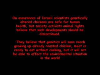 On assurances of Israeli scientists genetically
    altered chickens are safe for human
 health, but society activists animal rights
  believe that such developments should be
                discontinued.

  They believe that genetics will soon reach
growing up already roasted chicken, meat is
ready to eat without cooking, but it will not
be able to affect the environmental situation
                in the world
 