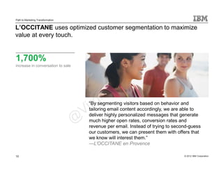 Path to Marketing Transformation


L’OCCITANE uses optimized customer segmentation to maximize
value at every touch.


1,700%
increase in conversation to sale




                                   “By segmenting visitors based on behavior and
                                   tailoring email content accordingly, we are able to
                                   deliver highly personalized messages that generate
                                   much higher open rates, conversion rates and
                                   revenue per email. Instead of trying to second-guess
                                   our customers, we can present them with offers that
                                   we know will interest them.”
                                   —L’OCCITANE en Provence

10                                                                             © 2012 IBM Corporation
 