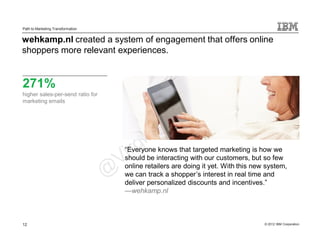 Path to Marketing Transformation


wehkamp.nl created a system of engagement that offers online
shoppers more relevant experiences.


271%
higher sales-per-send ratio for
marketing emails




                                   “Everyone knows that targeted marketing is how we
                                   should be interacting with our customers, but so few
                                   online retailers are doing it yet. With this new system,
                                   we can track a shopper’s interest in real time and
                                   deliver personalized discounts and incentives.”
                                   —wehkamp.nl



12                                                                                 © 2012 IBM Corporation
 