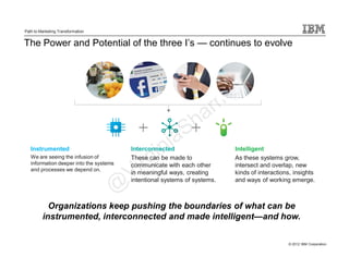 Path to Marketing Transformation


The Power and Potential of the three I’s — continues to evolve




   Instrumented                          Interconnected                    Intelligent
   We are seeing the infusion of         These can be made to              As these systems grow,
   information deeper into the systems   communicate with each other       intersect and overlap, new
   and processes we depend on.
                                         in meaningful ways, creating      kinds of interactions, insights
                                         intentional systems of systems.   and ways of working emerge.



           Organizations keep pushing the boundaries of what can be
         instrumented, interconnected and made intelligent—and how.

                                                                                               © 2012 IBM Corporation
 