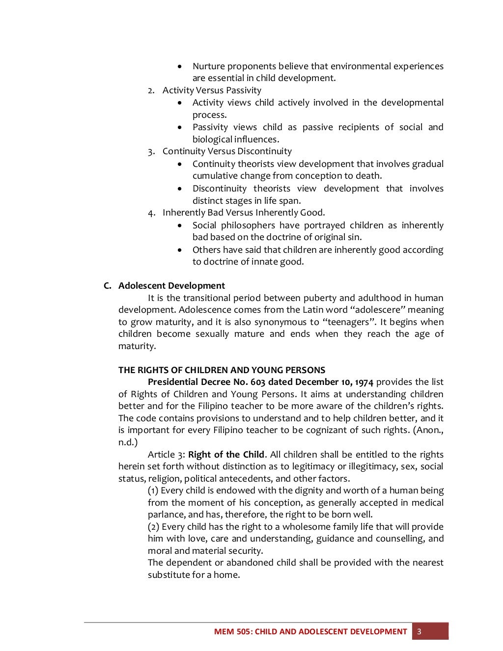 The child and adolescent learners