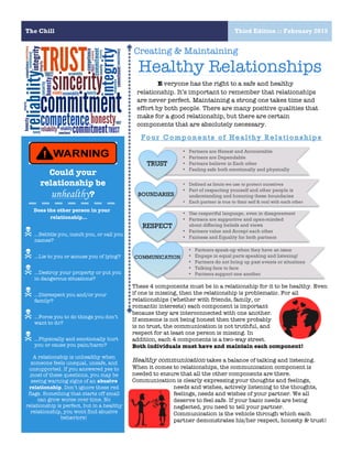 The Chill Third Edition :: February 2015
2
E veryone has the right to a safe and healthy
relationship. It’s important to remember that relationships
are never perfect. Maintaining a strong one takes time and
effort by both people. There are many positive qualities that
make for a good relationship, but there are certain
components that are absolutely necessary.
Creating & Maintaining
Healthy Relationships
Does the other person in your
relationship…
N …Belittle you, insult you, or call you
names?
N …Lie to you or accuse you of lying?
N …Destroy your property or put you
in dangerous situations?
N …Disrespect you and/or your
family?
N …Force you to do things you don’t
want to do?
N …Physically and emotionally hurt
you or cause you pain/harm?
A relationship is unhealthy when
someone feels unequal, unsafe, and
unsupported. If you answered yes to
most of these questions, you may be
seeing warning signs of an abusive
relationship. Don’t ignore these red
flags. Something that starts off small
can grow worse over time. No
relationship is perfect, but in a healthy
relationship, you wont find abusive
behaviors!
These 4 components must be in a relationship for it to be healthy. Even
if one is missing, then the relationship is problematic. For all
relationships (whether with friends, family, or
romantic interests) each component is important
because they are interconnected with one another.
If someone is not being honest then there probably
is no trust, the communication is not truthful, and
respect for at least one person is missing. In
addition, each 4 components is a two-way street.
Both individuals must have and maintain each component!
Healthy communication takes a balance of talking and listening.
When it comes to relationships, the communication component is
needed to ensure that all the other components are there.
Communication is clearly expressing your thoughts and feelings,
needs and wishes, actively listening to the thoughts,
feelings, needs and wishes of your partner. We all
deserve to feel safe. If your basic needs are being
neglected, you need to tell your partner.
Communication is the vehicle through which each
partner demonstrates his/her respect, honesty & trust!
Could your
relationship be
unhealthy? BOUNDARIES
COMMUNICATION
RESPECT
• Partners are Honest and Accountable
• Partners are Dependable
• Partners believe in Each other
• Feeling safe both emotionally and physically
TRUST
• Defined as limits we use to protect ourselves
• Part of respecting yourself and other people is
understanding and honoring these boundaries
• Each partner is true to their self & real with each other
• Use respectful language, even in disagreement
• Partners are supportive and open-minded
about differing beliefs and views
• Partners value and Accept each other
• Fairness and Equality for both partners
• Partners speak-up when they have an issue
• Engage in equal parts speaking and listening!
• Partners do not bring up past events or situations
• Talking face to face
• Partners support one another
 