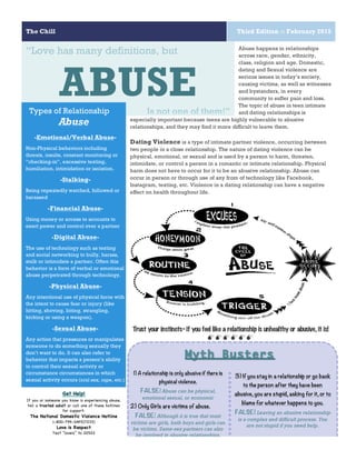 The Chill Third Edition :: February 2015
7
Abuse happens in relationships
across race, gender, ethnicity,
class, religion and age. Domestic,
dating and Sexual violence are
serious issues in today’s society,
causing victims, as well as witnesses
and bystanders, in every
community to suffer pain and loss.
The topic of abuse in teen intimate
and dating relationships is
especially important because teens are highly vulnerable to abusive
relationships, and they may find it more difficult to leave them.
Dating Violence is a type of intimate partner violence, occurring between
two people in a close relationship. The nature of dating violence can be
physical, emotional, or sexual and is used by a person to harm, threaten,
intimidate, or control a person in a romantic or intimate relationship. Physical
harm does not have to occur for it to be an abusive relationship. Abuse can
occur in person or through use of any from of technology like Facebook,
Instagram, texting, etc. Violence in a dating relationship can have a negative
effect on health throughout life.
Trust your instincts-if you feel like a relationship is unhealthy or abusive, it is!
MMMMMM
“Love has many definitions, but
ABUSEIs not one of them!”
1) A relationship is only abusive if there is
physical violence.
FALSE! Abuse can be physical,
emotional sexual, or economic
2) Only Girls are victims of abuse.
FALSE! Although it is true that most
victims are girls, both boys and girls can
be victims. Same-sex partners can also
be involved in abusive relationships.
2
3) If you stay in a relationship or go back
to the person after they have been
abusive, you are stupid, asking for it, or to
blame for whatever happens to you.
FALSE! Leaving an abusive relationship
is a complex and difficult process. You
are not stupid if you need help.
Types of Relationship
Abuse
-Emotional/Verbal Abuse-
Non-Physical behaviors including
threats, insults, constant monitoring or
“checking-in”, excessive texting,
humiliation, intimidation or isolation.
-Stalking-
Being repeatedly watched, followed or
harassed
-Financial Abuse-
Using money or access to accounts to
exert power and control over a partner
-Digital Abuse-
The use of technology such as texting
and social networking to bully, harass,
stalk or intimidate a partner. Often this
behavior is a form of verbal or emotional
abuse perpetrated through technology.
-Physical Abuse-
Any intentional use of physical force with
the intent to cause fear or injury (like
hitting, shoving, biting, strangling,
kicking or using a weapon).
-Sexual Abuse-
Any action that pressures or manipulates
someone to do something sexually they
don’t want to do. It can also refer to
behavior that impacts a person’s ability
to control their sexual activity or
circumstance circumstances in which
sexual activity occurs (oral sex, rape, etc.)
Get Help!
If you or someone you know is experiencing abuse,
tell a trusted adult or call one of these hotlines
for support:
The National Domestic Violence Hotline
1-800-799-SAFE(7233)
Love is Respect
Text “loveis” to 22522
 