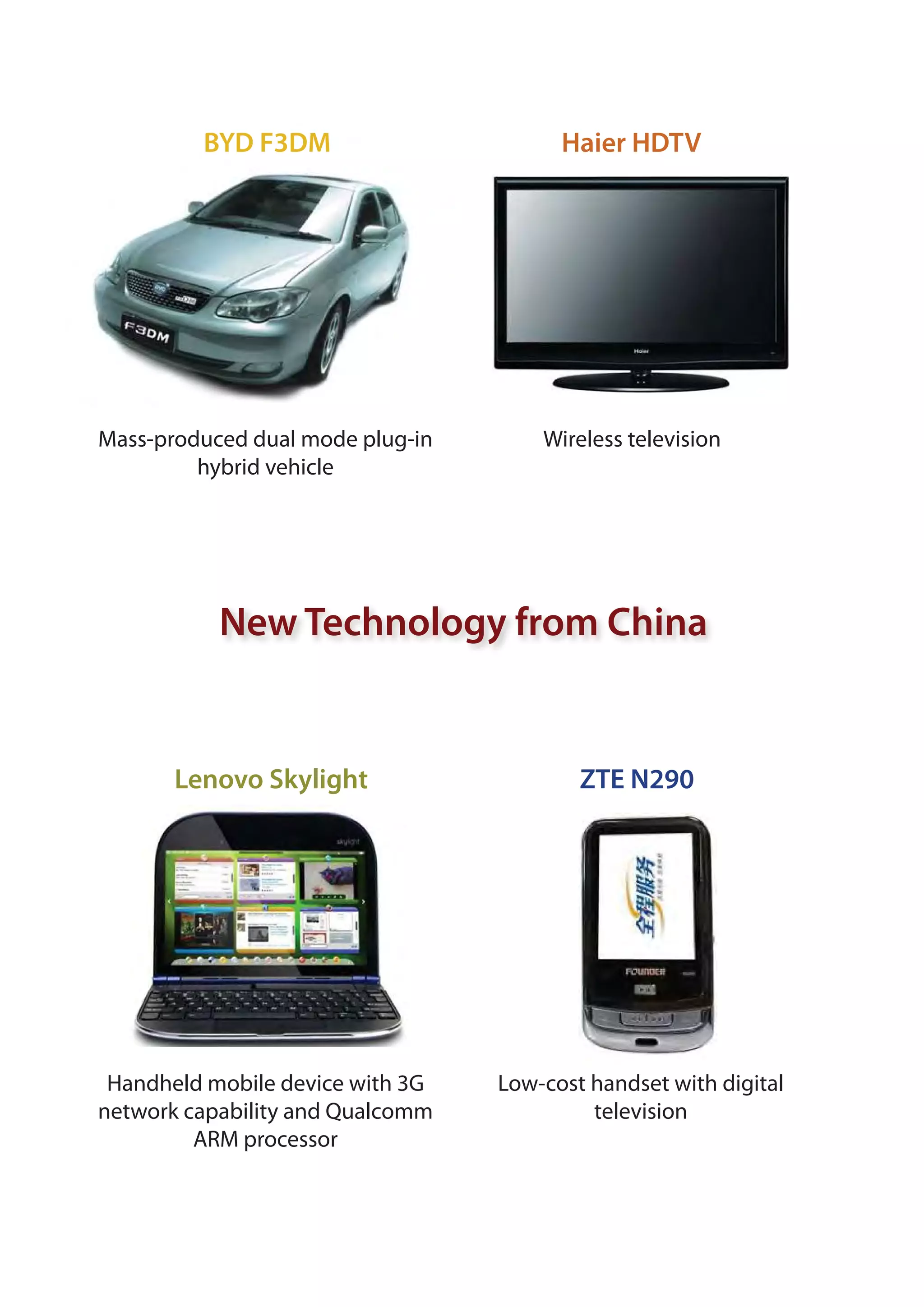 BYD F3DM                       Haier HDTV




Mass-produced dual mode plug-in       Wireless television
         hybrid vehicle




           New Technology from China


       Lenovo Skylight                    ZTE N290




 Handheld mobile device with 3G   Low-cost handset with digital
network capability and Qualcomm            television
         ARM processor
 