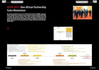 The China Analyst                                                                                                                                                                                                                              Features          专题                 The China Analyst	




           FOCAC 2012: Sino-African Partnership
                                                                                                                                               ӹӹ    Increase the political trust and strategic consensus
                                                                                                                                                     between China and Africa through more political
                                                                                                                                                     consultation, high-level visits and strategic dialogue


           Gains Momentum
                                                                                                                                               ӹӹ    Increase cooperation between the two sides in
                                                                                                                                                     operationalising the African Union’s (AU) Africa’s Peace
                                                                                                                                                     and Security Architecture (APSA)
                                                                                                                                               ӹӹ    Strengthen China’s cooperation with the AU and
                                                                                                                                                     sub-regional organisations in Africa
           The recently concluded triennial Forum on China-Africa Co-operation (FOCAC) in Beijing has
                                                                                                                                               ӹӹ    Expand mutually beneficial economic cooperation
           become arguably the most important event at the centre of the ever expanding China-Africa
                                                                                                                                                     and balanced trade, adopt innovative ways to boost
           relationship. The mechanism that was created in 2000 is intended to ‘strengthen the friendly                                              cooperation including deepening cooperation in trade,
           co-operation between China and Africa…to jointly meet the challenge of globalisation and                                                  investment, poverty reduction, infrastructure building,
                                                                                                                                                     capacity building, human resources development, food
           promote common development’. The objective of this year’s FOCAC was to elevate the Sino-
                                                                                                                                                     security and hi-tech industries
           African relationship to a new level by spurring more concrete commitments from both sides.                                                                                                                        President Hu Jintao accompanied by African leaders during the opening of this
                                                                                                                                                                                                                             year’s FOCAC. South African President Jacob Zuma (left) and Benin’s President
                                                                                                                                               ӹӹ    Continue to strengthen people-to-people and cultural
           By Walter Ruigu                                                                                                                           exchanges and cooperation between the two sides
                                                                                                                                                                                                                             and current AU Chairperson Boni Yayi (right)
                                                                                                                                                                                                                             Source: Xinhua.net
                                                                                                                                               ӹӹ    Further strengthen the cooperation between the two                      Although the points are to some extent similar to what has
                                                                                                                                                     sides in international affairs                                          been stated before, there were some key and subtle changes
                                                                                                                                                                                                                             that emerged from FOCAC 2012. These included a particular
                                                                                                                                              China’s Trade Value with Africa* (USD bn, 2000 vs. 2011)                       emphasis on non-economic factors including factors that can



          A
                                                                                                                                                                                                                             be grouped under the term, ‘soft power’. Moreover, it entails
                  s this year’s event took place, China-Africa trade had     engaged in has been steadily increasing, particularly in the                                                                                    a greater recognition of the importance of people-to-people
                  already reached a record high of USD 166.1 billion in      manufacturing sector, as more Chinese companies establish                                                                                       exchanges between the regions, greater focus on more
                  2011, with China now entrenched as Africa’s largest        local networks to jump-start their ambitious expansion plans.                                                                                   funding for SMEs and the need for ‘capacity-building’ and skills
           trading partner. This represents a sharp increase from a lowly                                                                                                                                                    transfer. In fact, China promised to launch an ‘African Talents
           USD 10.6 billion in 2000. On the investment front, China’s        This year’s FOCAC, like those prior, has allowed observers of                                                                                   Program’ that will train 30,000 Africans in various sectors in
           OFDI stock in Africa increased from less than USD 400 million     the China-Africa relationship to stop and gauge the progress                                                                                    addition to providing 18,000 government scholarships to
           in 2000 to over USD 14 billion in 2011. Apart from increased      and challenges in this partnership and chart the possible                                                                                       African students to study in China. Additionally, China is set
           trade volumes, co-operation has continually increased in          future path of this relationship leading up to, and beyond,                                                                                     to launch a ‘China-Africa Press Exchange Centre’ in order to
           terms of investments in a range of sectors, cultural exchanges,   the next conference. While the biggest story coming out of                                                                                      encourage exchanges and visits between Chinese and African
           capacity building and of course, political consultation. The      this year’s FOCAC was China’s offer to extend a USD 20 billion                                                                                  media.
           China-Africa relationship has remained dynamic on many            credit-line to the continent over the next three years, this
           fronts. Meanwhile, most large-scale Chinese investments into      year’s Beijing Declaration presented a six-point proposal to                                                                                    Nonetheless, despite this renewed emphasis on China’s ‘soft
           the continent are made by state-owned enterprises, but the        elevate the Sino-African strategic partnership. The key points                                                                                  power’, the Sino-African relationship remains fundamentally
           number of Chinese private entrepreneurs and companies             were as follows:                                                                                                                                an economic one. On this front, there were also notable facets
           heading to Africa in search of opportunities has also been                                                                                                                                                        of a changing relationship that pervaded the conference. For
           rising steadily. The size of deals that these players are                                                                          *Note: Chinese exports to Africa and imports from Africa have both increased
                                                                                                                                                                                                                             instance, a renewed emphasis was placed on cooperation with
                                                                                                                                              15-fold since FOCAC was established, highlighting the growing interdepend-
                                                                                                                                              ency between the two regions                                                   regional organisations and ultimately the AU. This came hot
           Looking back: 12 years of the Forum on China-Africa Co-operation (FOCAC)                                                           Source: UN Comtrade; The Beijing Axis Analysis




12  І  The Beijing Axis                                                                                                                                                                                                                                                                  13  І  The Beijing Axis
 