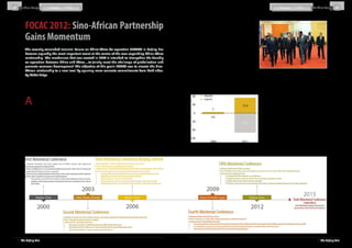 The China Analyst                                                                                                                                                                                                                              Features          专题                 The China Analyst	




           FOCAC 2012: Sino-African Partnership
                                                                                                                                               ӹӹ    Increase the political trust and strategic consensus
                                                                                                                                                     between China and Africa through more political
                                                                                                                                                     consultation, high-level visits and strategic dialogue


           Gains Momentum
                                                                                                                                               ӹӹ    Increase cooperation between the two sides in
                                                                                                                                                     operationalising the African Union’s (AU) Africa’s Peace
                                                                                                                                                     and Security Architecture (APSA)
                                                                                                                                               ӹӹ    Strengthen China’s cooperation with the AU and
                                                                                                                                                     sub-regional organisations in Africa
           The recently concluded triennial Forum on China-Africa Co-operation (FOCAC) in Beijing has
                                                                                                                                               ӹӹ    Expand mutually beneficial economic cooperation
           become arguably the most important event at the centre of the ever expanding China-Africa
                                                                                                                                                     and balanced trade, adopt innovative ways to boost
           relationship. The mechanism that was created in 2000 is intended to ‘strengthen the friendly                                              cooperation including deepening cooperation in trade,
           co-operation between China and Africa…to jointly meet the challenge of globalisation and                                                  investment, poverty reduction, infrastructure building,
                                                                                                                                                     capacity building, human resources development, food
           promote common development’. The objective of this year’s FOCAC was to elevate the Sino-
                                                                                                                                                     security and hi-tech industries
           African relationship to a new level by spurring more concrete commitments from both sides.                                                                                                                        President Hu Jintao accompanied by African leaders during the opening of this
                                                                                                                                                                                                                             year’s FOCAC. South African President Jacob Zuma (left) and Benin’s President
                                                                                                                                               ӹӹ    Continue to strengthen people-to-people and cultural
           By Walter Ruigu                                                                                                                           exchanges and cooperation between the two sides
                                                                                                                                                                                                                             and current AU Chairperson Boni Yayi (right)
                                                                                                                                                                                                                             Source: Xinhua.net
                                                                                                                                               ӹӹ    Further strengthen the cooperation between the two                      Although the points are to some extent similar to what has
                                                                                                                                                     sides in international affairs                                          been stated before, there were some key and subtle changes
                                                                                                                                                                                                                             that emerged from FOCAC 2012. These included a particular
                                                                                                                                              China’s Trade Value with Africa* (USD bn, 2000 vs. 2011)                       emphasis on non-economic factors including factors that can



          A
                                                                                                                                                                                                                             be grouped under the term, ‘soft power’. Moreover, it entails
                  s this year’s event took place, China-Africa trade had     engaged in has been steadily increasing, particularly in the                                                                                    a greater recognition of the importance of people-to-people
                  already reached a record high of USD 166.1 billion in      manufacturing sector, as more Chinese companies establish                                                                                       exchanges between the regions, greater focus on more
                  2011, with China now entrenched as Africa’s largest        local networks to jump-start their ambitious expansion plans.                                                                                   funding for SMEs and the need for ‘capacity-building’ and skills
           trading partner. This represents a sharp increase from a lowly                                                                                                                                                    transfer. In fact, China promised to launch an ‘African Talents
           USD 10.6 billion in 2000. On the investment front, China’s        This year’s FOCAC, like those prior, has allowed observers of                                                                                   Program’ that will train 30,000 Africans in various sectors in
           OFDI stock in Africa increased from less than USD 400 million     the China-Africa relationship to stop and gauge the progress                                                                                    addition to providing 18,000 government scholarships to
           in 2000 to over USD 14 billion in 2011. Apart from increased      and challenges in this partnership and chart the possible                                                                                       African students to study in China. Additionally, China is set
           trade volumes, co-operation has continually increased in          future path of this relationship leading up to, and beyond,                                                                                     to launch a ‘China-Africa Press Exchange Centre’ in order to
           terms of investments in a range of sectors, cultural exchanges,   the next conference. While the biggest story coming out of                                                                                      encourage exchanges and visits between Chinese and African
           capacity building and of course, political consultation. The      this year’s FOCAC was China’s offer to extend a USD 20 billion                                                                                  media.
           China-Africa relationship has remained dynamic on many            credit-line to the continent over the next three years, this
           fronts. Meanwhile, most large-scale Chinese investments into      year’s Beijing Declaration presented a six-point proposal to                                                                                    Nonetheless, despite this renewed emphasis on China’s ‘soft
           the continent are made by state-owned enterprises, but the        elevate the Sino-African strategic partnership. The key points                                                                                  power’, the Sino-African relationship remains fundamentally
           number of Chinese private entrepreneurs and companies             were as follows:                                                                                                                                an economic one. On this front, there were also notable facets
           heading to Africa in search of opportunities has also been                                                                                                                                                        of a changing relationship that pervaded the conference. For
           rising steadily. The size of deals that these players are                                                                          *Note: Chinese exports to Africa and imports from Africa have both increased
                                                                                                                                                                                                                             instance, a renewed emphasis was placed on cooperation with
                                                                                                                                              15-fold since FOCAC was established, highlighting the growing interdepend-
                                                                                                                                              ency between the two regions                                                   regional organisations and ultimately the AU. This came hot
           Looking back: 12 years of the Forum on China-Africa Co-operation (FOCAC)                                                           Source: UN Comtrade; The Beijing Axis Analysis




12  І  The Beijing Axis                                                                                                                                                                                                                                                                  13  І  The Beijing Axis
 