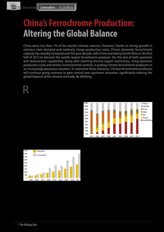 The China Analyst	




           China’s Ferrochrome Production:
           Altering the Global Balance
           China owns less than 1% of the world’s chrome reserves. However, thanks to strong growth in
           stainless steel demand and relatively cheap production costs, China’s domestic ferrochrome
           capacity has steadily increased over the past decade, with China overtaking South Africa in the first
           half of 2012 to become the world’s largest ferrochrome producer. Yet, the lack of both upstream
           and downstream capabilities, along with looming chrome export restrictions, rising domestic
           production costs and stricter environmental controls, is putting Chinese ferrochrome producers in
           an increasingly precarious situation. To overcome these obstacles, Chinese ferrochrome producers
           will continue going overseas to gain control over upstream resources, significantly altering the
           global balance of the chrome ore trade. By Jeff Dong



          R
                 eviewing the remarkable growth in China’s demand        tionship is only becoming stronger with the wider utilisation of
                 for commodities and its domestic production during      chrome pellets to address the sizing issue of SA chrome ore. Apart
                 the last decade is always eye opening, with the steel   from SA, Turkey, Iran, India, Oman, and Pakistan are all among the
           industry standing out as the prime example. In 2011,          top exporters of chrome ore to China.
           China produced 61% of the world’s total steel output,
           and consumed most of that production domestically.            China’s Sources of Chrome Ore Imports (%, 2003-2011)
           This is even more astounding given China’s domestic
           iron ore supply meets only 40% of domestic demand.
           In order to delve deeper into the stainless steel industry
           one must examine ferrochrome, a main ingredient used
           in steel production. In 2011, China consumed 3.5 million
           tons of high carbon ferrochrome, more than half of which
           was produced domestically. With China having almost no
           domestic chrome reserves, nearly all of the ferrochrome
           produced in China relies on imported chrome. From
           2003 to 2011, though China’s production of high carbon
           ferrochrome increased by nearly 10 times, from around
           420,000 tons to over 2.5 million tons. However, this still
                                                                         Source: Mysteel, The Beijing Axis Analysis
           cannot meet domestic demand.
           China’s Production and Consumption of High Carbon             China has several key advantages in ferrochrome production
           Ferrochrome (‘000 tons, 2003-2011)                            including low electricity costs, an adequate supply of relatively
                                                                         cheap labour, a well-established transportation network, as well
                                                                         as low capital investment costs for new plants. While many would
                                                                         argue China’s ferrochrome industry will unlikely grow at the same
                                                                         rate for the next five to 10 years, and may even downsize, China
                                                                         is currently taking a significant share of the world’s ferrochrome
                                                                         production.

                                                                         As a matter of fact, thus far in 2012, China’s domestic ferrochrome
                                                                         production is still increasing steadily, even amidst worsening pros-
                                                                         pects for the global economy. At the same time, chrome ore imports
                                                                         continue to rise, while ferrochrome imports are decreasing. Tradi-
           Source: CNFEOL; The Beijing Axis Analysis                     tional ferrochrome producers such as SA are inevitably facing stiff
                                                                         competition.
           With China’s expanding production capacity, the global
           chrome mining sector has boomed. Rising demand for            South African ferrochrome – will export restrictions help?
           stainless steel and subsequent increases in produc-
           tion capacity were the main drivers behind many new           While the world has witnessed China’s share of global ferrochrome
           chrome mining projects. From 2005 to 2011, global             production surge from less than 5% in 2001 to 33% currently, SA
           annual chrome output increased from around 18 million         producers are suffering from sub-par performances. Strong compe-
           tons to 24 million tons.                                      tition from China, according to many insiders, is the main challenge
                                                                         facing SA producers. This is particularly startling given China holds
           Without a doubt, South Africa (SA) has been the most          very little domestic chrome reserves. South Africa, which owns a
           important source for China’s chrome imports; this rela-       majority of the world’s chrome reserves, are feeding the mills and


18  І  The Beijing Axis    
 