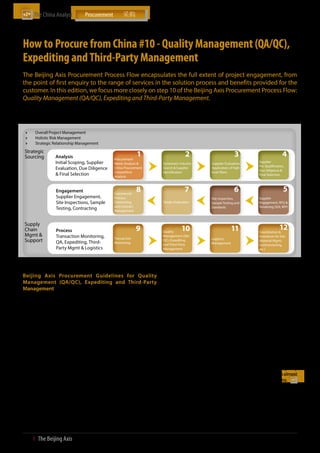 The China Analyst	



How to Procure from China #10 - Quality Management (QA/QC),
Expediting and Third-Party Management
The Beijing Axis Procurement Process Flow encapsulates the full extent of project engagement, from
the point of first enquiry to the range of services in the solution process and benefits provided for the
customer. In this edition, we focus more closely on step 10 of the Beijing Axis Procurement Process Flow:
Quality Management (QA/QC), Expediting and Third-Party Management.


The Process Flow and Service Delivery Platform of Beijing Axis Procurement

 ӹӹ   Overall Project Management
 ӹӹ   Holistic Risk Management
 ӹӹ   Strategic Relationship Management
 Strategic
 Sourcing        Analysis                        Procurement
                                                                1                        2                          3                           4
                                                                                                                          
                 Initial Scoping, Supplier       Needs Analysis           Systematic Industry       Supplier Evaluation,
                                                                                                                                Supplier
                                                                                                                                Pre-Qualification,
                 Evaluation, Due Diligence       China Procurement         Search  Supplier         Application of high-
                                                                                                                                Due Diligence 
                                                 Competitive               Identification            level filters
                  Final Selection               Analysis
                                                                                                                                Final Selection



                 Engagement                      Commercial
                                                                8                        7                          6                            5
                                                                                                                          
                 Supplier Engagement,            Process,                                            Site Inspection,           Supplier
                 Site Inspections, Sample        Contracting               Tender Evaluation         Sample Testing and         Engagement, RFQ 
                                                 and Contract                                        Standards                  Tendering (SOI, RFP)
                 Testing, Contracting            Management



 Supply
 Chain           Process                                        9          Quality
                                                                                       10                         11            Coordination 
                                                                                                                                              12
 Mgmt 
                                                                                                                          
                 Transaction Monitoring,         Transaction
                                                                           Management (QA/
                                                                                                     Logistics
                                                                                                                                Assistance On Site
 Support         QA, Expediting, Third-          Monitoring
                                                                           QC), Expediting
                                                                                                     Management
                                                                                                                                (Material Mgmt,
                                                                           and Third-Party                                      Commissioning,
                 Party Mgmt  Logistics                                    Management                                           etc.)




Beijing Axis Procurement Guidelines for Quality                            Expediting: BAP manages the delivery schedule from day one after
Management (QA/QC), Expediting and Third-Party                             the order is placed. By working out a production schedule with the
Management                                                                 supplier, BAP expedites the schedule by implementing a tracking
                                                                           schedule customised with a unique tracking frequency for each
Quality and schedule are the most critical factors in procurement.         supplier. In this way, BAP is able to preemptively identify potential
Beijing Axis Procurement (BAP) provides a range of services to manage      schedule slippage and figure out whether it can be fixed together
the quality of the goods being procured and tracks the schedule            with the supplier. Meanwhile, BAP coordinates with the client to flag
throughout the transaction process, including quality management           potential risks and assists in analysing the client’s acceptance.
(QA/QC), expediting and third-party management.
                                                                           Third-Party Management: BAP has established good relations with
Quality Management (QA/QC): Although it is the supplier’s                  numerous international third-party inspection companies’ China
responsibility to deliver goods of an acceptable quality, it is still      branches and has rich experience working alongside them, on both a
critically important to monitor and manage the entire manufacturing        residence supervision and visit supervision basis, on behalf of overseas
process and verify the quality at every step. BAP provides different       clients. Besides quality inspection companies, BAP helps to manage
quality management strategies and solutions according to the               all other relevant third parties such as law firms, accounting firms,
nature of the goods being procured and leads or assists in the             etc. when required, including selecting, recommending, coordinating
implementation. For commodities, we place a particular emphasis            with and managing the progress of third parties. Therefore, by only
on material checks and final product analysis; for small pieces of         giving instructions to BAP, the client can effectively connect to almost
machinery, we address performance inspections; with small suppliers,       all the relevant parties of the procurement transaction in China.
we coordinate with public labs equipped with better test facilities; for
complex equipment, we mobilise supervising engineers to be based           By Beijing Axis Procurement
on-site at the supplier’s factory for months at a time to work closely
with the supplier’s quality department and third-party inspectors to
monitor the entire process. Whenever a quality problem is identified,
BAP facilitates communication between all parties and provides
efficient and flexible solutions until the problem is resolved.


22  І  The Beijing Axis    
 