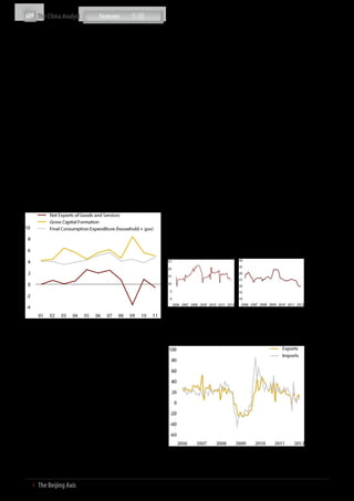 The China Analyst


future entails more moderate but sustainable levels of growth                  provinces have already signalled their intention to support
– quality growth – as opposed to the breakneck growth of                       investment levels, the central government has yet to unveil
the past. This new growth pattern is aimed at shaping a new                    an integrated plan. While we do not expect a massive central
economic structure, and with it a new set of rising strategic                  push for investment as seen during 2008-09, we do anticipate
industries and new areas of competitiveness.                                   the carrying out of ongoing policy initiatives and signals from
                                                                               the central government that it will ensure adequate demand
Inevitably, this new growth model will see some sectors                        in order to support employment and business confidence.
recede, even traditional ones that served as the battering ram                 Given Europe’s malaise, this is understandable. Measures will
to bring China onto the world stage with record-breaking                       be limited and will not prevent a moderation of growth. It will
exports. However, this does not make the transformation less                   just cushion what is likely to be a fairly firm landing.
necessary nor avoidable. The growth model must adapt – and
this implies slower but higher quality growth.                                 For the longer term, the question is when exactly a new
                                                                               consumer-driven growth model will kick in and whether it
This also means that excessive stimulus measures, as the                       can fully offset the effects of a prolonged global slowdown.
economy slows, would be far more dangerous than seeing                         Over the long-term, this looks probable. Unfortunately, China’s
the growth rate fall below 7.5% or even reach 6%. The view                     transformation is still underway and for the economy to pull
that China needs 7-8% growth to maintain social stability is an                up decisively over the short term, it cannot yet count on the
outdated and baseless article of faith; today’s China is already               Chinese consumer.
socially transformed to the point where it can remain stable
and continue its long term trajectory even if the growth rate                  So this is where policymakers will need to show resolve. They
dips to around 6%. Of course a protracted slowdown would be                    must resist the temptation to provide short-term stimulus –
problematic, but the ‘bicycle view’ – that China will fall over if             even as the world and China slows – and instead focus on
it grows too slowly – does not hold in the same manner that                    enacting the difficult reforms that would bring forward the
it did in the past.                                                            consumer-led demand economy that will form the core of a
                                                                               new growth model. Pressures are mounting and consumer
Contribution to GDP Growth¹ (%, 2001-2011)                                     demand can only be expedited by so much, so it will be a close
                                                                               call. However, we believe that the long-term considerations
                                                                               will win out. So expect the slowdown to continue and only a
                                                                               mild stimulus to avoid the worst bumps.

                                                                               Y-o-Y Growth of China’s                 Y-o-Y Growth of China’s
                                                                                Monthly Retail Sales                   Monthly Fixed Assets Invest-
                                                                               (%, 2006-Jun 2012)                      ments (%, 2006-Jun 2012)




                                                                               Source: China Monthly Economic Indi- Source: China Monthly Economic Indi-
                                                                               cators; CNBS; The Beijing Axis Analysis cators; CNBS; The Beijing Axis Analysis
Note: (1) The three components of GDP by expenditure approach are final con-
sumption expenditure (composed of household and government consump-
tion), gross capital formation and net exports of goods and services.
                                                                               Y-o-Y Growth of China’s Monthly Trade
Source: China Statistical Yearbook; The Beijing Axis Analysis                  (%, 2006-Jun 2012)


Cushioned but firm landing

Beijing will not stand back completely as the economy slows.
Banking and real estate, China’s twin liquidity engines, have
been revved down for the last two years, impacting consumer
spending that has enjoyed lofty double-digit growth in the
last decade. Meanwhile, exports have slowed to become a
drag on the economy in the second half of 2011, and more
so in the first half of 2012, as Europe and other developed
markets continue to struggle. Hence, the recent slowdown
in China’s industrial production and the associated downside
risks to growth leave policymakers little choice but to further
ease policies over the next few months.

The only way to quickly lift growth would be via stimulus
measures; however, China will not rush to achieve ‘quick wins’                 Source: China Monthly Economic Indicators; CNBS; The Beijing Axis Analysis
in this manner. The risks are well understood. Nevertheless,
we do anticipate at least a degree of stimulus. While many


7  І  The Beijing Axis    
 
