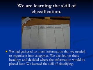 We are learning the skill of classification. We had gathered so much information that we needed to organise it into categories. We decided on these headings and decided where the information would be placed best. We learned the skill of classifying. 