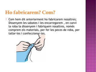  Com hem dit anteriorment ho fabricarem nosaltres; 
Dissenyem les sabates i les encarregarem , en canvi 
la roba la dissenyem i fabriquem nosaltres, només 
comprem els materials, per fer les peces de roba, per 
tallar-les i confeccionar-les. 
 