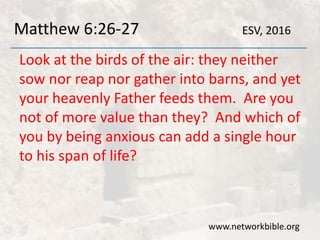 Matthew 6:26-27
Look at the birds of the air: they neither
sow nor reap nor gather into barns, and yet
your heavenly Father feeds them. Are you
not of more value than they? And which of
you by being anxious can add a single hour
to his span of life?
www.networkbible.org
ESV, 2016
 