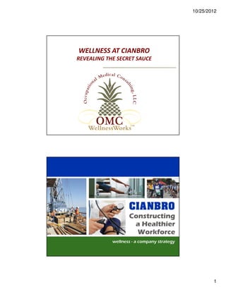 10/25/2012




WELLNESS AT CIANBRO
REVEALING THE SECRET SAUCE




    Occupational Medical Consulting, LLC




                                                   1
 