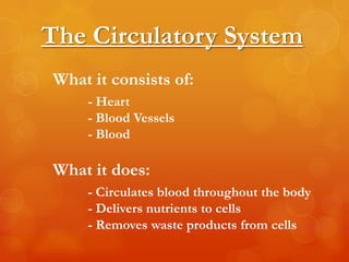 The Circulatory System
What it consists of:
    - Heart
    - Blood Vessels
    - Blood

What it does:
    - Circulates blood throughout the body
    - Delivers nutrients to cells
    - Removes waste products from cells
 