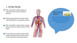 1. FUNCTION:
The circulatory system plays an
important role in the nutrition
process.
Heart pumps blood to all the body
cells through the circulatory system
The circulatory system takes oxygen
and nutrients to all the tissues of the
body.
It also picks up waste products like
carbon dioxide. Then it takes them
to the organs that eliminate them.
https://www.youtube.com/w
atch?v=9_q6o_7CT_U&index
=4&list=PLthXMEoHzjIStKvQ_
vhOjk1zGpaSBgcYn
READY FOR A
VIDEO??
 