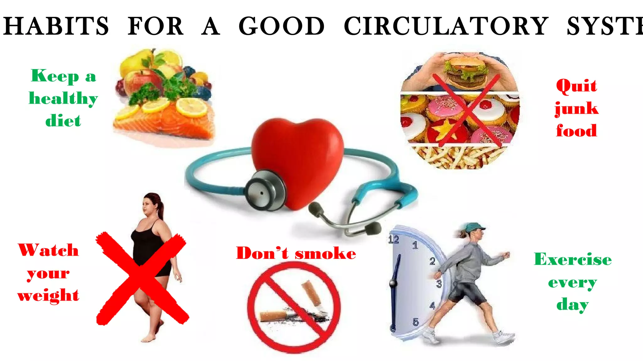 HABITS FOR A GOOD CIRCULATORY SYSTE
Keep a
healthy
diet
Quit
junk
food
Watch
your
weight
Exercise
every
day
Don’t smoke
 