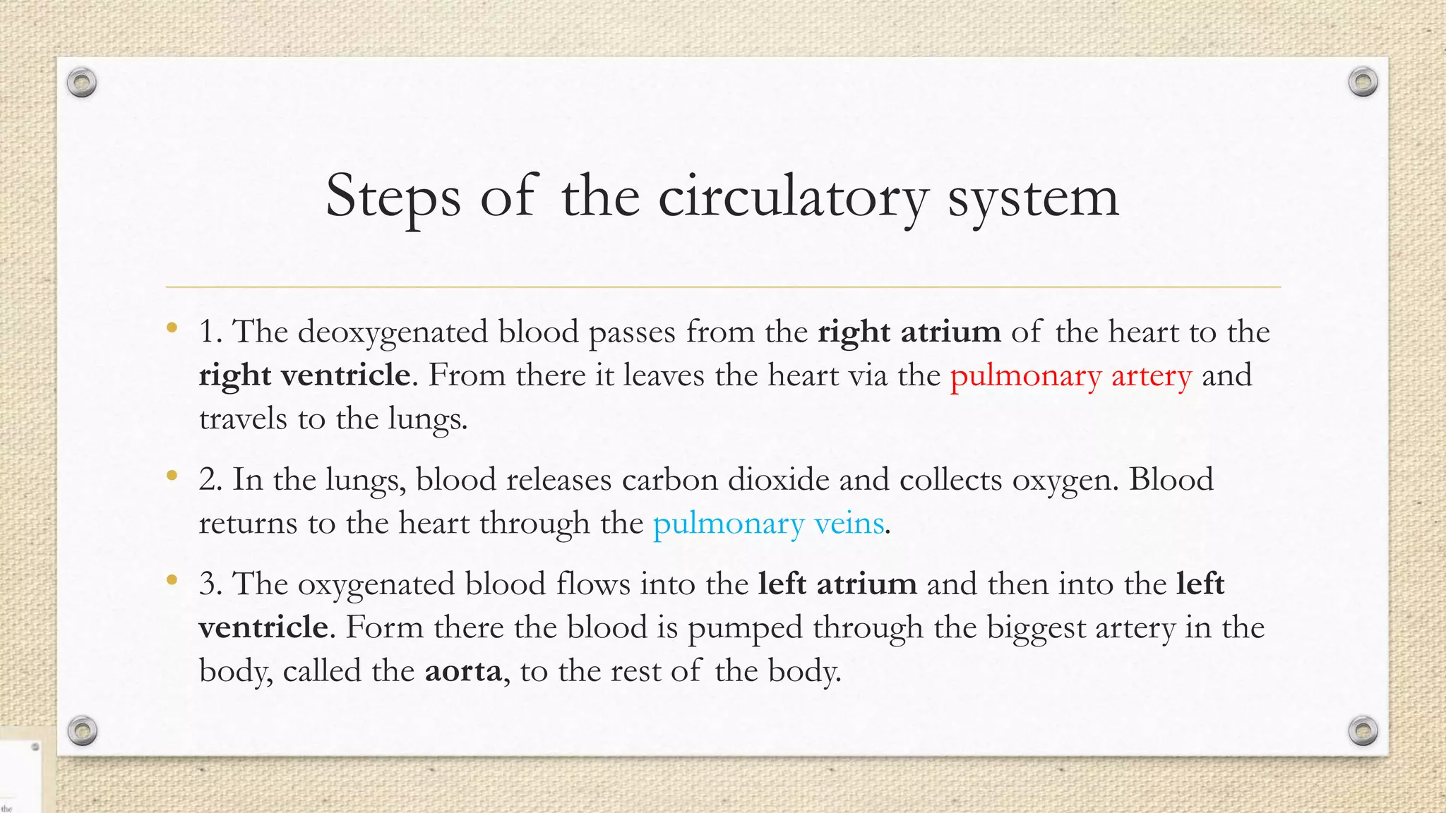 Steps of the circulatory system
• 1. The deoxygenated blood passes from the right atrium of the heart to the
right ventricle. From there it leaves the heart via the pulmonary artery and
travels to the lungs.
• 2. In the lungs, blood releases carbon dioxide and collects oxygen. Blood
returns to the heart through the pulmonary veins.
• 3. The oxygenated blood flows into the left atrium and then into the left
ventricle. Form there the blood is pumped through the biggest artery in the
body, called the aorta, to the rest of the body.
 