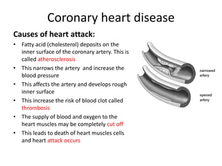 Coronary heart disease
Causes of heart attack:
• Fatty acid (cholesterol) deposits on the
inner surface of the coronary artery. This is
called atherosclerosis
• This narrows the artery and increase the
blood pressure
• This affects the artery and develops rough
inner surface
• This increase the risk of blood clot called
thrombosis
• The supply of blood and oxygen to the
heart muscles may be completely cut off
• This leads to death of heart muscles cells
and heart attack occurs
 