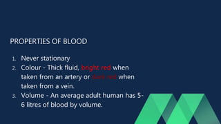PROPERTIES OF BLOOD
1. Never stationary
2. Colour - Thick fluid, bright red when
taken from an artery or dark red when
taken from a vein.
3. Volume - An average adult human has 5-
6 litres of blood by volume.
 