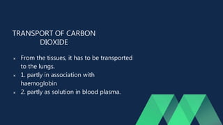 TRANSPORT OF CARBON
DIOXIDE
 From the tissues, it has to be transported
to the lungs.
 1. partly in association with
haemoglobin
 2. partly as solution in blood plasma.
 