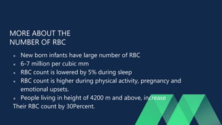 MORE ABOUT THE
NUMBER OF RBC
 New born infants have large number of RBC
 6-7 million per cubic mm
 RBC count is lowered by 5% during sleep
 RBC count is higher during physical activity, pregnancy and
emotional upsets.
 People living in height of 4200 m and above, increase
Their RBC count by 30Percent.
 