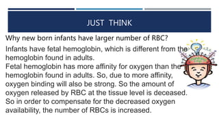 JUST THINK
Why new born infants have larger number of RBC?
Infants have fetal hemoglobin, which is different from the
hemoglobin found in adults.
Fetal hemoglobin has more affinity for oxygen than the
hemoglobin found in adults. So, due to more affinity,
oxygen binding will also be strong. So the amount of
oxygen released by RBC at the tissue level is deceased.
So in order to compensate for the decreased oxygen
availability, the number of RBCs is increased.
 