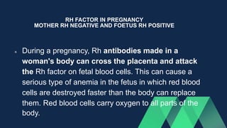 RH FACTOR IN PREGNANCY
MOTHER RH NEGATIVE AND FOETUS RH POSITIVE
 During a pregnancy, Rh antibodies made in a
woman's body can cross the placenta and attack
the Rh factor on fetal blood cells. This can cause a
serious type of anemia in the fetus in which red blood
cells are destroyed faster than the body can replace
them. Red blood cells carry oxygen to all parts of the
body.
 