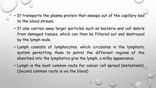 • It transports the plasma protein that sweeps out of the capillary bed
to the blood stream.
• It also carries away larger particles such as bacteria and cell debris
from damaged tissues, which can then be filtered out and destroyed
by the lymph node.
• Lymph consists of lymphocytes, which circulates in the lymphatic
system permitting them to patrol the different regions of the
absorbed into the lymphatics give the lymph, a milky appearance.
• Lymph is the most common route for cancer cell spread (metastasis).
(Second common route is via the blood)
 