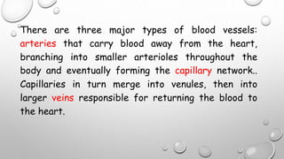 There are three major types of blood vessels:
arteries that carry blood away from the heart,
branching into smaller arterioles throughout the
body and eventually forming the capillary network..
Capillaries in turn merge into venules, then into
larger veins responsible for returning the blood to
the heart.
 
