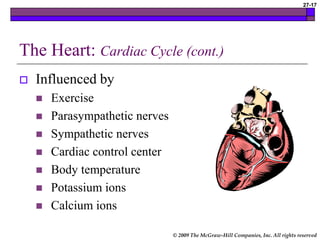 © 2009 The McGraw-Hill Companies, Inc. All rights reserved
27-17
The Heart: Cardiac Cycle (cont.)
 Influenced by
 Exercise
 Parasympathetic nerves
 Sympathetic nerves
 Cardiac control center
 Body temperature
 Potassium ions
 Calcium ions
 