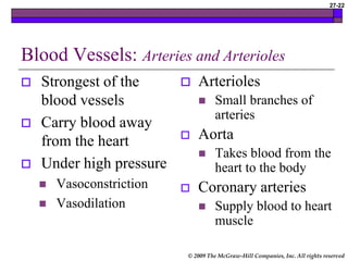 © 2009 The McGraw-Hill Companies, Inc. All rights reserved
27-22
Blood Vessels: Arteries and Arterioles
 Strongest of the
blood vessels
 Carry blood away
from the heart
 Under high pressure
 Vasoconstriction
 Vasodilation
 Arterioles
 Small branches of
arteries
 Aorta
 Takes blood from the
heart to the body
 Coronary arteries
 Supply blood to heart
muscle
 