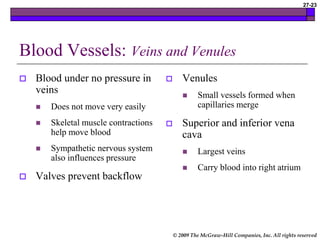 © 2009 The McGraw-Hill Companies, Inc. All rights reserved
27-23
Blood Vessels: Veins and Venules
 Blood under no pressure in
veins
 Does not move very easily
 Skeletal muscle contractions
help move blood
 Sympathetic nervous system
also influences pressure
 Valves prevent backflow
 Venules
 Small vessels formed when
capillaries merge
 Superior and inferior vena
cava
 Largest veins
 Carry blood into right atrium
 
