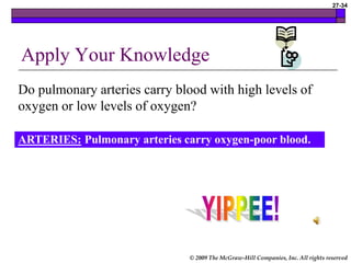 © 2009 The McGraw-Hill Companies, Inc. All rights reserved
27-34
Apply Your Knowledge
ARTERIES: Pulmonary arteries carry oxygen-poor blood.
Do pulmonary arteries carry blood with high levels of
oxygen or low levels of oxygen?
 