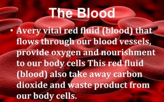 The Blood
• Avery vital red fluid (blood) that
flows through our blood vessels,
provide oxygen and nourishment
to our body cells This red fluid
(blood) also take away carbon
dioxide and waste product from
our body cells.
 