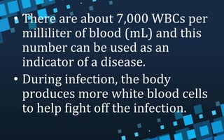 • There are about 7,000 WBCs per
milliliter of blood (mL) and this
number can be used as an
indicator of a disease.
• During infection, the body
produces more white blood cells
to help fight off the infection.
 