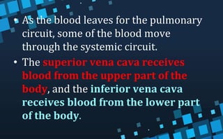 • As the blood leaves for the pulmonary
circuit, some of the blood move
through the systemic circuit.
• The superior vena cava receives
blood from the upper part of the
body, and the inferior vena cava
receives blood from the lower part
of the body.
 