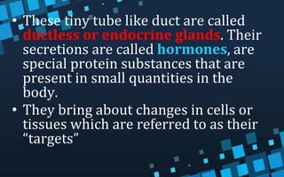 • These tiny tube like duct are called
ductless or endocrine glands. Their
secretions are called hormones, are
special protein substances that are
present in small quantities in the
body.
• They bring about changes in cells or
tissues which are referred to as their
“targets”
 