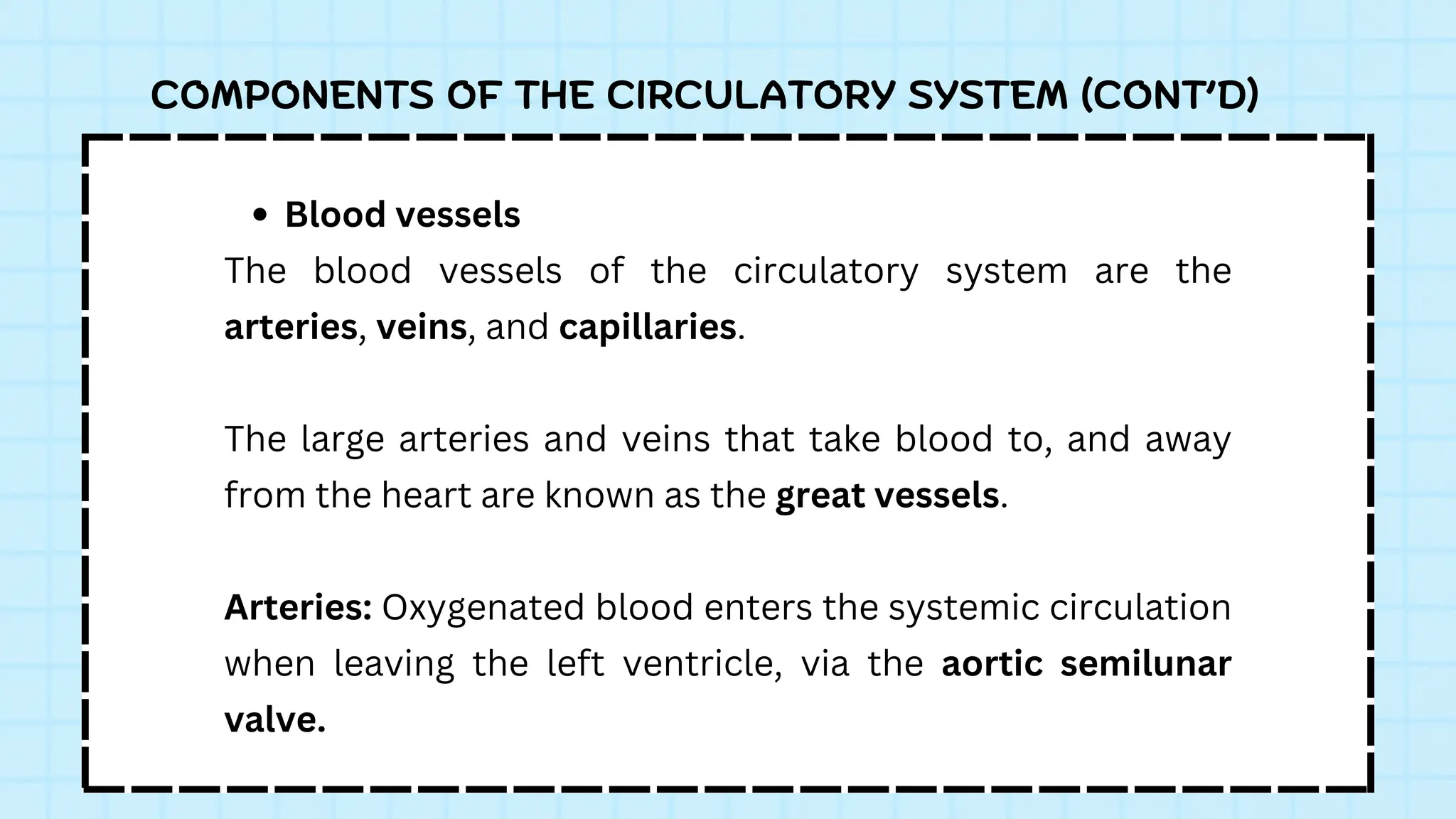 COMPONENTS OF THE CIRCULATORY SYSTEM (CONT’D)
Blood vessels
The blood vessels of the circulatory system are the
arteries, veins, and capillaries.
The large arteries and veins that take blood to, and away
from the heart are known as the great vessels.
Arteries: Oxygenated blood enters the systemic circulation
when leaving the left ventricle, via the aortic semilunar
valve.
 