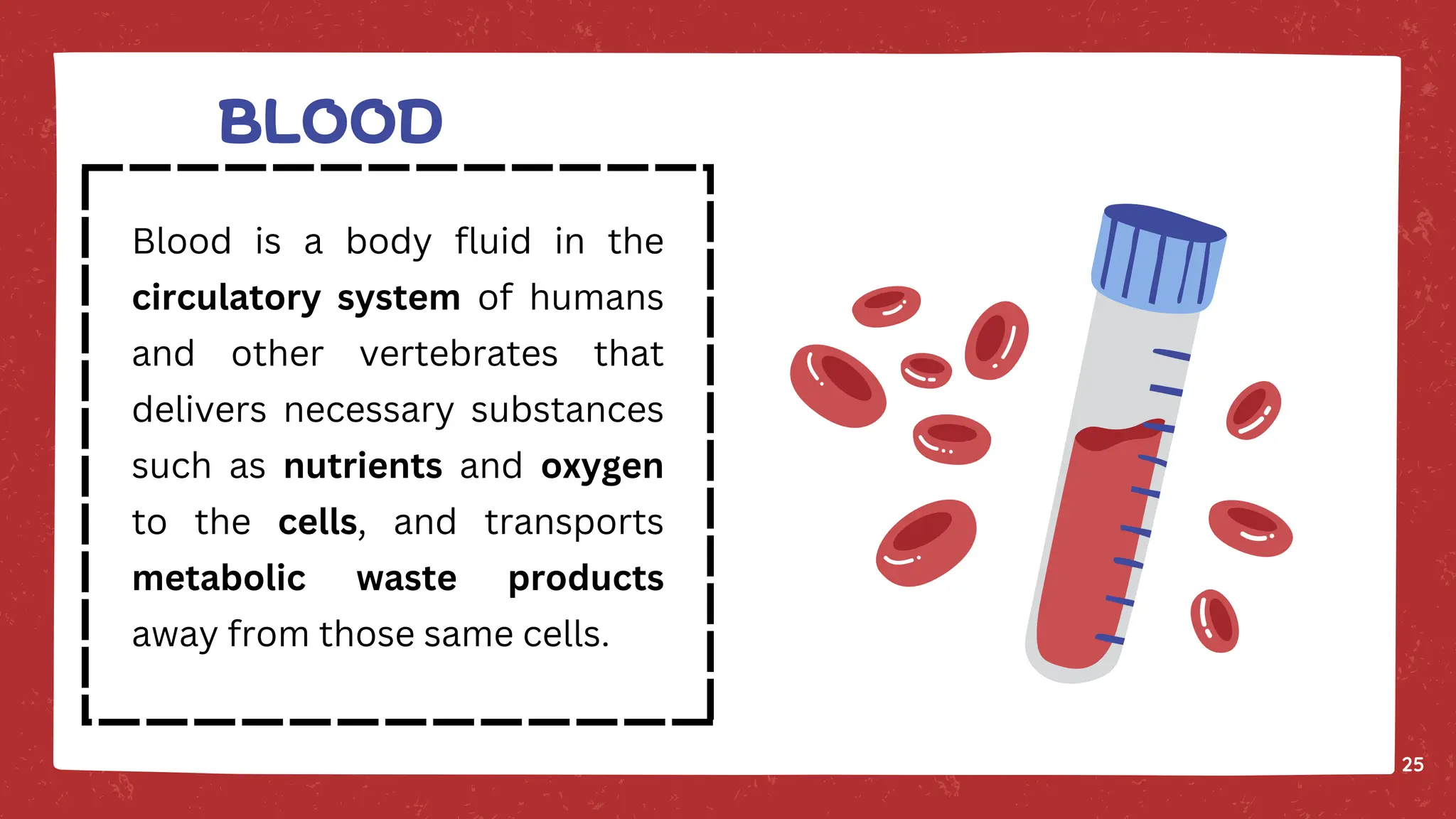 BLOOD
25
Blood is a body fluid in the
circulatory system of humans
and other vertebrates that
delivers necessary substances
such as nutrients and oxygen
to the cells, and transports
metabolic waste products
away from those same cells.
 