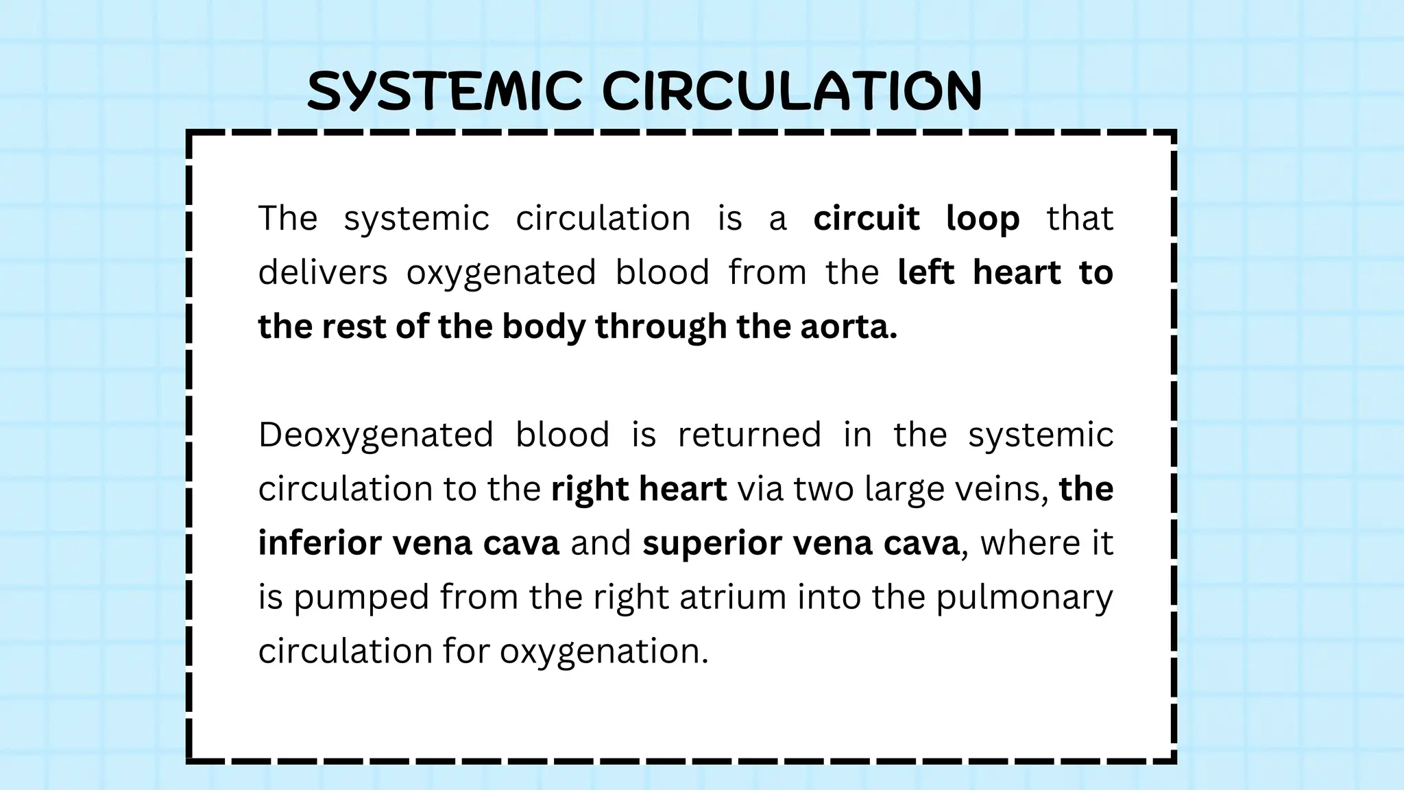 The systemic circulation is a circuit loop that
delivers oxygenated blood from the left heart to
the rest of the body through the aorta.
Deoxygenated blood is returned in the systemic
circulation to the right heart via two large veins, the
inferior vena cava and superior vena cava, where it
is pumped from the right atrium into the pulmonary
circulation for oxygenation.
SYSTEMIC CIRCULATION
 