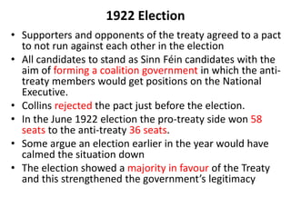 1922 Election
• Supporters and opponents of the treaty agreed to a pact
to not run against each other in the election
• All candidates to stand as Sinn Féin candidates with the
aim of forming a coalition government in which the anti-
treaty members would get positions on the National
Executive.
• Collins rejected the pact just before the election.
• In the June 1922 election the pro-treaty side won 58
seats to the anti-treaty 36 seats.
• Some argue an election earlier in the year would have
calmed the situation down
• The election showed a majority in favour of the Treaty
and this strengthened the government’s legitimacy
 