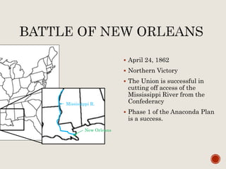  April 24, 1862
 Northern Victory
 The Union is successful in
cutting off access of the
Mississippi River from the
Confederacy
 Phase 1 of the Anaconda Plan
is a success.
New Orleans
Mississippi R.
 