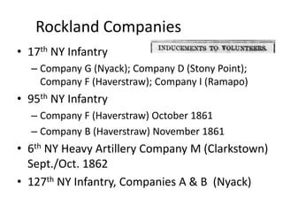 Rockland Companies
• 17th NY Infantry
– Company G (Nyack); Company D (Stony Point);
Company F (Haverstraw); Company I (Ramapo)
• 95th NY Infantry
– Company F (Haverstraw) October 1861
– Company B (Haverstraw) November 1861
• 6th NY Heavy Artillery Company M (Clarkstown)
Sept./Oct. 1862
• 127th NY Infantry, Companies A & B (Nyack)
 