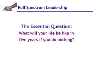 Full Spectrum Leadership



 The Essential Question:
What will your life be like in
five years if you do nothing?
 