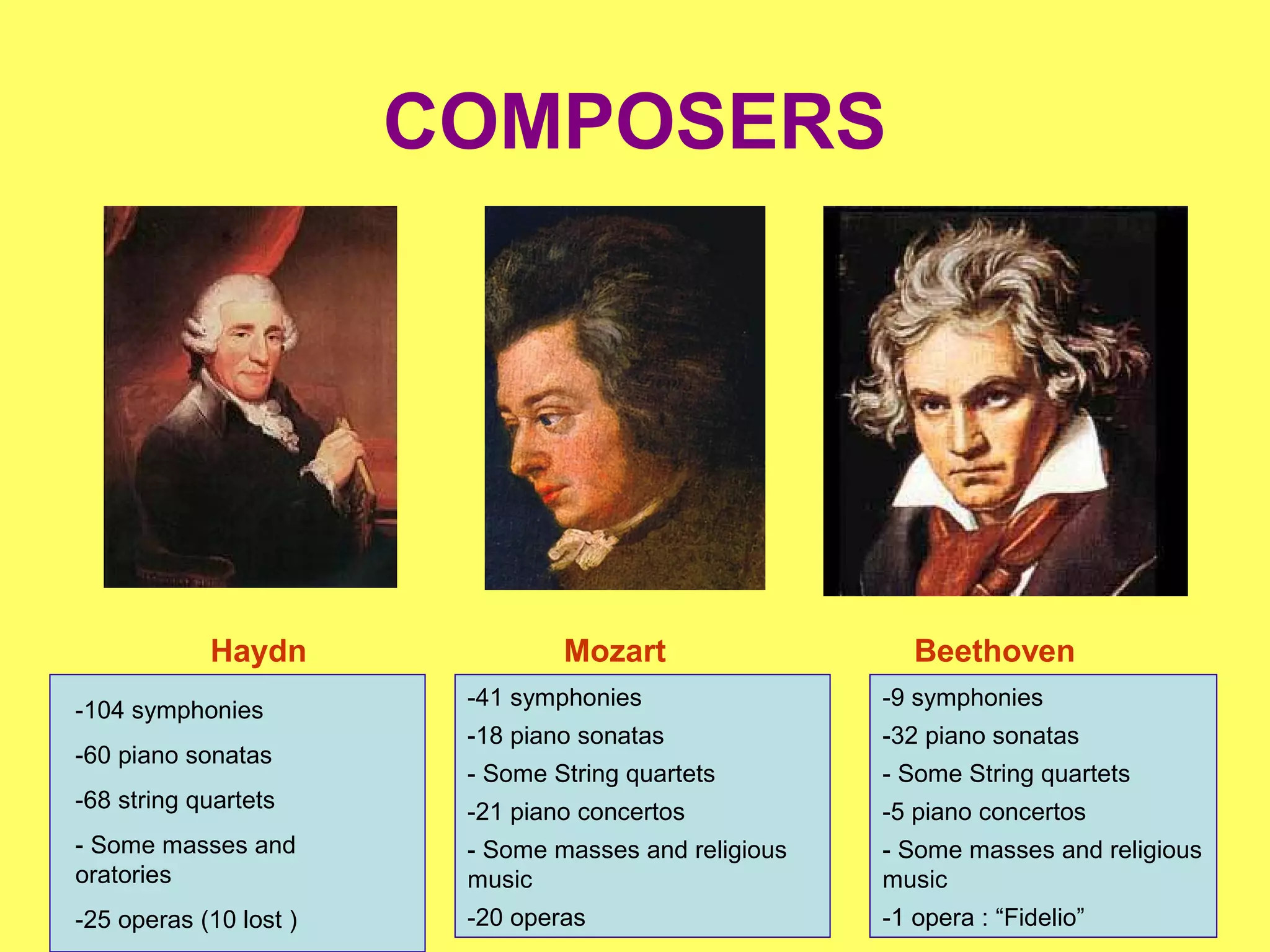 COMPOSERS
Haydn Mozart Beethoven
-104 symphonies
-60 piano sonatas
-68 string quartets
- Some masses and
oratories
-25 operas (10 lost )
-41 symphonies
-18 piano sonatas
- Some String quartets
-21 piano concertos
- Some masses and religious
music
-20 operas
-9 symphonies
-32 piano sonatas
- Some String quartets
-5 piano concertos
- Some masses and religious
music
-1 opera : “Fidelio”
 