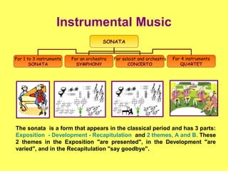 Instrumental Music
SONATA
For 1 to 3 instruments
SONATA
For an orchestra
SYMPHONY
For soloist and orchestra
CONCERTO
For 4 instruments
QUARTET
The sonata is a form that appears in the classical period and has 3 parts:
Exposition - Development - Recapitulation and 2 themes, A and B. These
2 themes in the Exposition "are presented", in the Development "are
varied", and in the Recapitulation "say goodbye".
 