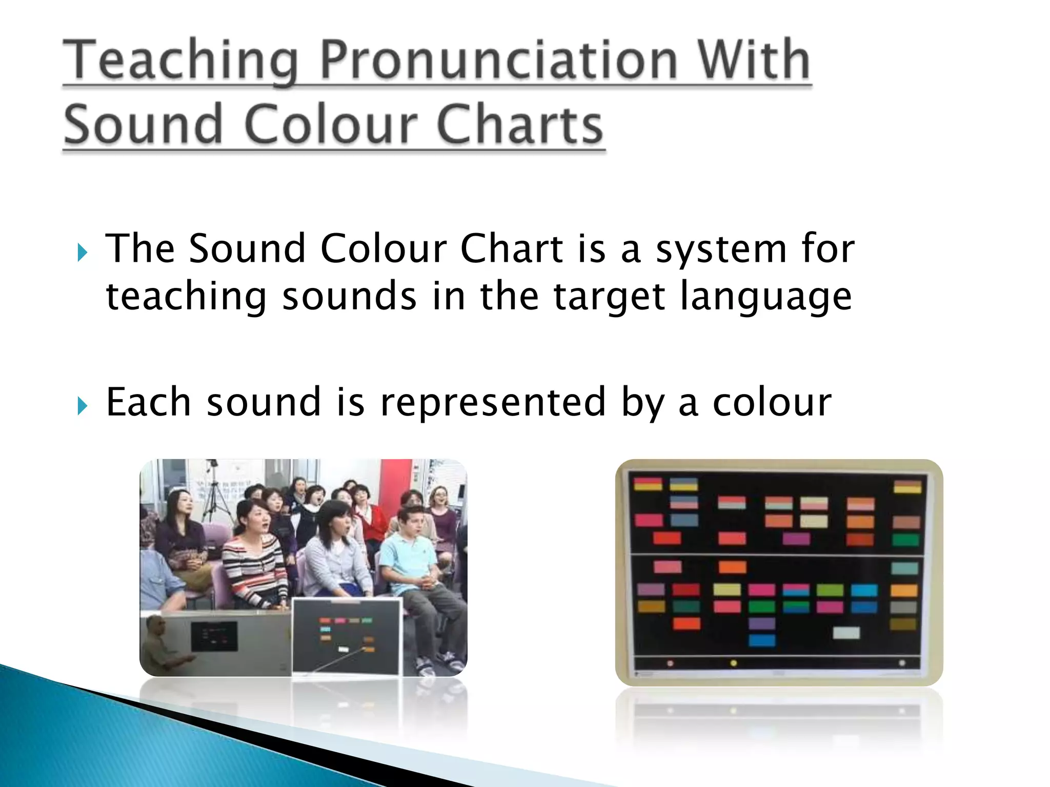    The Sound Colour Chart is a system for
    teaching sounds in the target language

   Each sound is represented by a colour
 