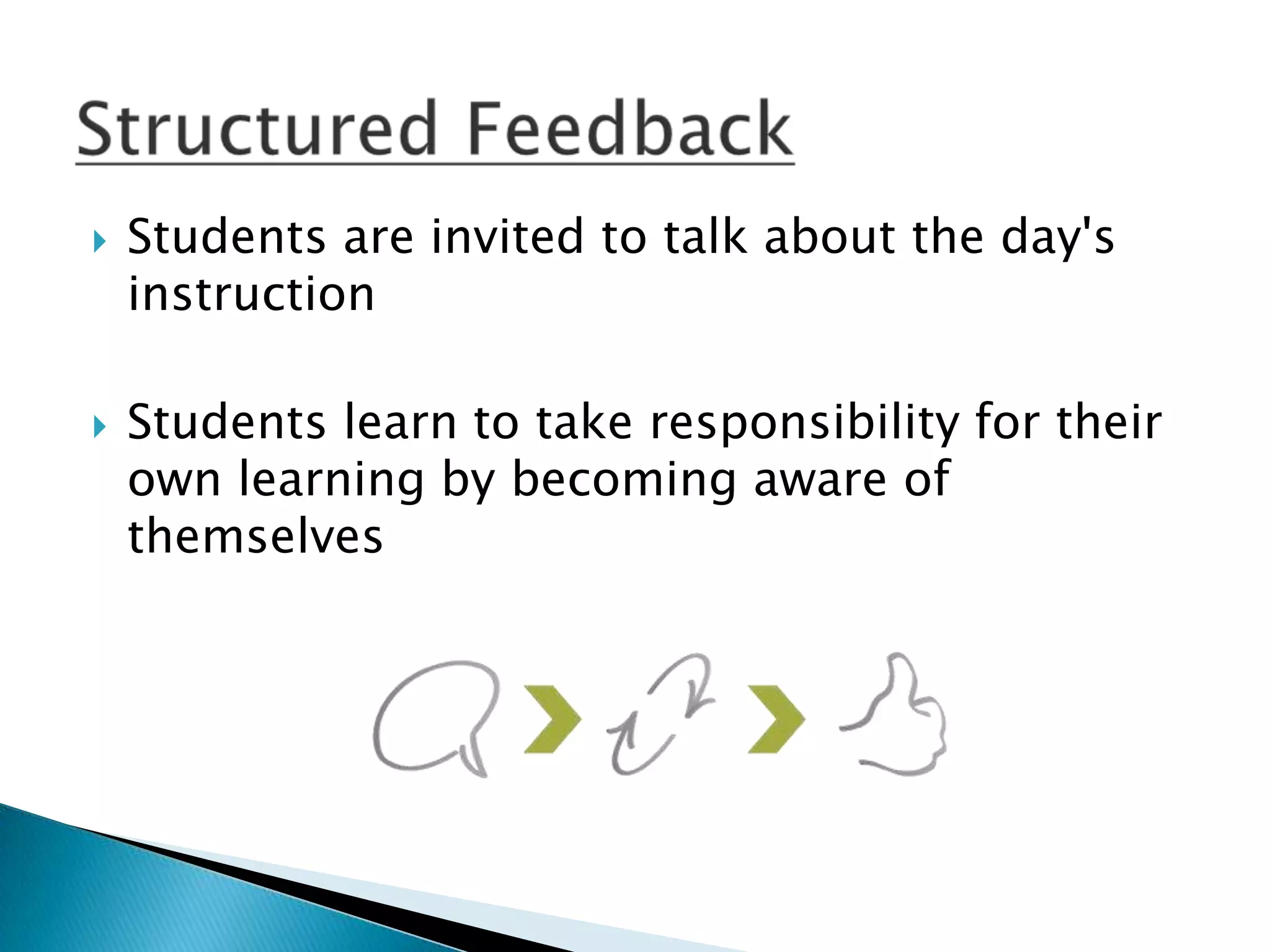    Students are invited to talk about the day's
    instruction

   Students learn to take responsibility for their
    own learning by becoming aware of
    themselves
 